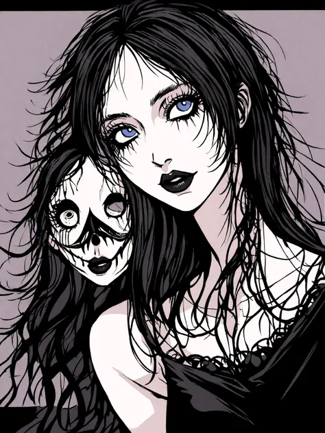 adult  woman, Vulgar, long black hair to the sides, art style drawing gothic tim burton, portraite, semi-realistic