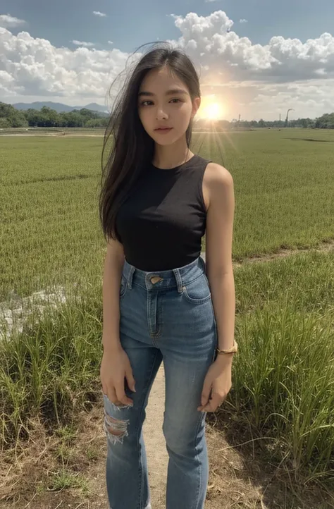 standing in rice field, morning sun, atmospheric perspective, 8k, super detail, accurate, best quality, wearing old black shirt and torn old jeans