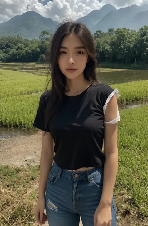 standing in rice field, morning sun, atmospheric perspective, 8k, super detail, accurate, best quality, wearing old black shirt and torn old jeans