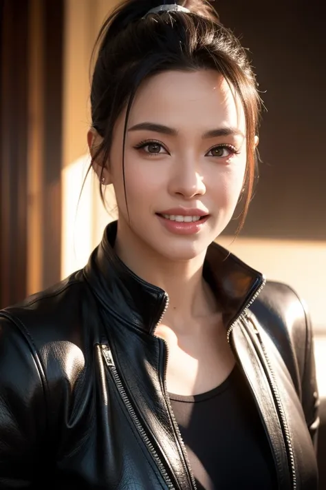 a gorgeous busty woman, ponytail, leather jacket, lady fighter, beautiful detailed smile, beautiful detailed teeth, POV, lover, cinematic dramatic lighting, (best quality,4k,8k,highres,masterpiece:1.2),ultra-detailed,(realistic,photorealistic,photo-realist...