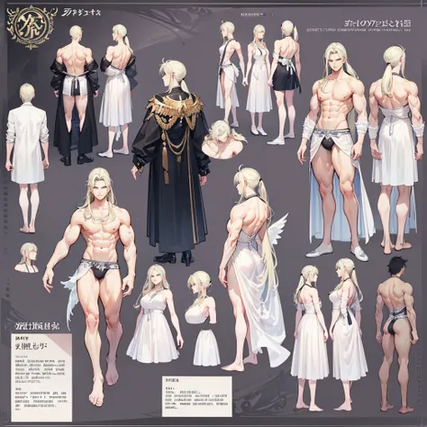 (Masterpiece, best quality), detailed, 1 man, ((character concept art)), ((character design sheet, same character, front, side, back)), full body, body complete, 1 Male angel, 1 Man angel, Detailed face, character design sheet，full bodyesbian, Highly detai...