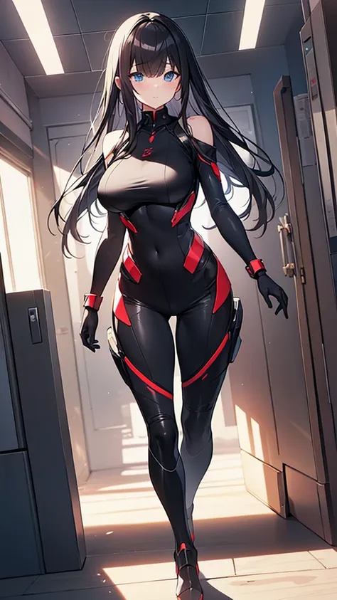 (Highly detailed CG Unity 8k wallpaper,masterpiece, Biological, whole body),(Best lighting, Best Shadow, Very delicate and beautiful),(One girl),blue eyes, Big Breasts, Black Hair,Red and black off-the-shoulder SF bodysuit,Neck Seal,High-tech sci-fi corrid...