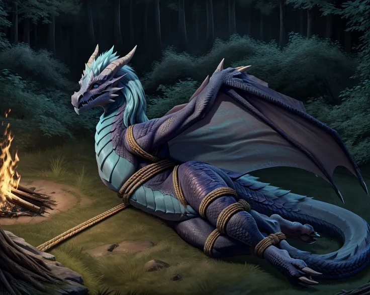 an extremely talented impressionist painting of mature aurothdota wyvern lying defeated in a forest camp, solo, night, bonfire, ...