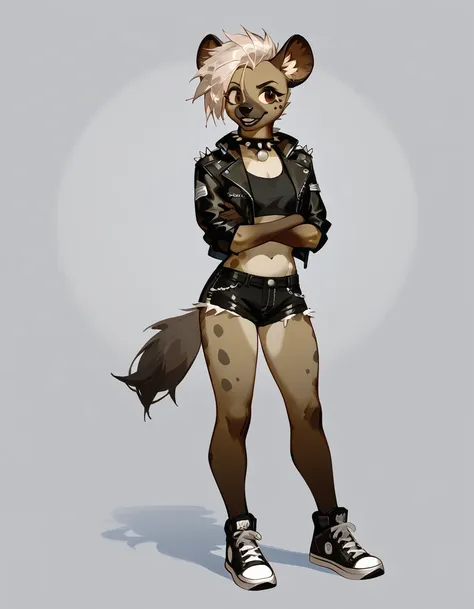 solo, score_9,score_8_up,score_7_up, source_furry, trisha, a tall female spotted hyena, brown snout, black nose, brown eyes, sho...