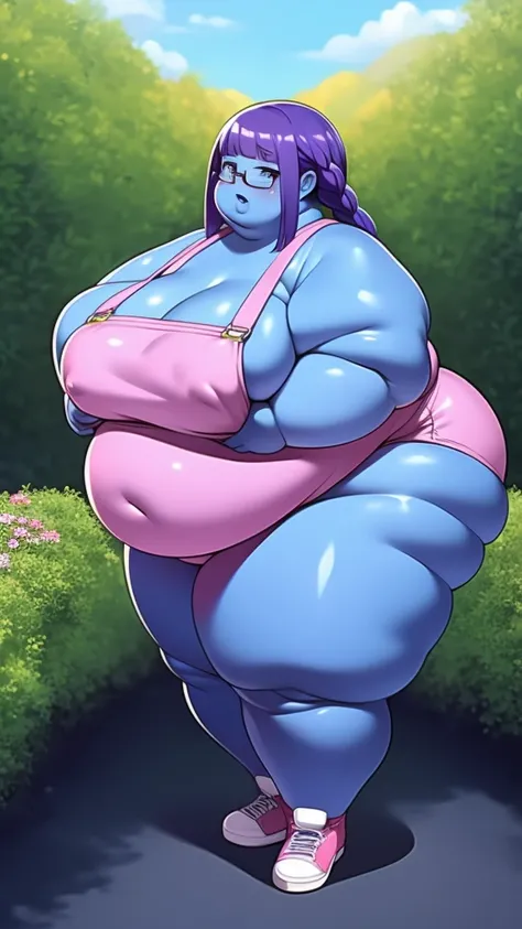 Anime Women, Lady、amount、amount、Long braids down to the waist、Purple Hair、Glasses、Sharp eyes、Purple lips、Cobalt blue body、Cobalt blue skin、Cobalt blue face、Are fat、Chubby、obesity、Double chin、cheek、Thick neck、Big Breasts、Saggy breasts、Thick upper arms、Thick...