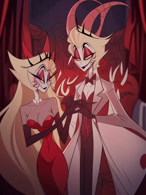 lilith (hazbin hotel), lucifer | hazbin hotel, waltz, upper body, 1boy, 1girl, female taller than male, 2people, cleavage, perfe...