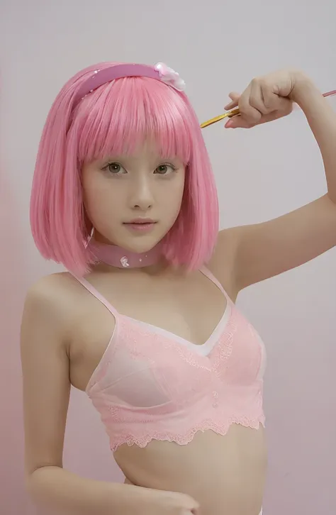 with pink hair and a pink wig,(((girl 9 years old))), pale skin,sexy girl dress and lace stockings, stephanie | lazy town, happy...