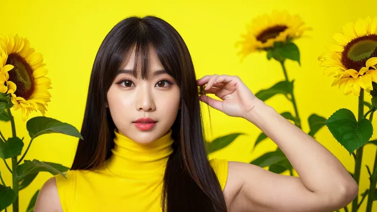 sunflower,(Detailed face),vivid,((Yellow Background)),cute,Sleeveless and(turtleneck)Yellow silky clothes,4K ,Ultra-high resolution,(Photorealistic：1.7),Long black hair,