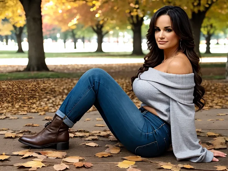 Lisa Ann, a beautiful woman, long perfect hair, (wearing off-shoulder-jumper:1.2), (city park, autumn:1.2),  (analog, cinematic, film grain), ((detailed eyes)), (color picture:1.1), Fujifilm XT3, sitting down and doing a leg split