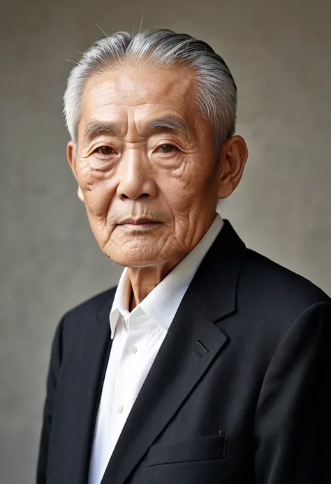 create a realistic portrait of an elderly japanese man with a calm and composed expression. he has short, neatly cut hair and is...