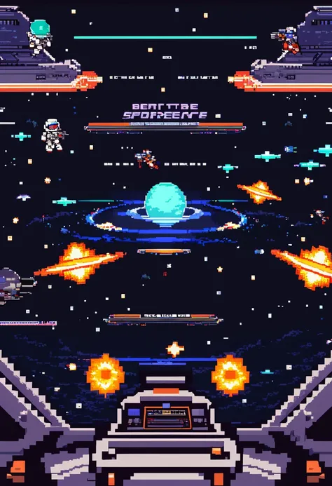 best quality, video game " galaxy " battle screen, space war, shooting, 8-bit image, low-bit, retro, powerful effects