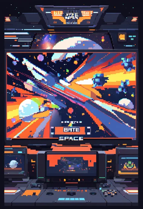 best quality, video game " galaxy " battle screen, space war, shooting, 8-bit image, low-bit, retro, powerful effects