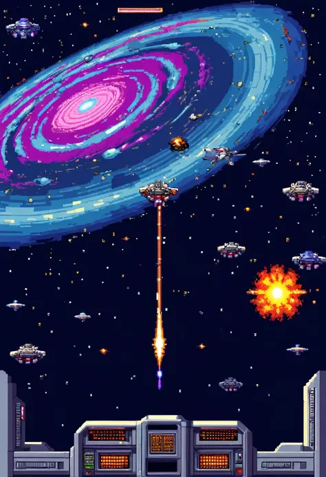 best quality, video game " galaxy " battle screen, space war, shooting, 8-bit image, low-bit, retro, powerful effects