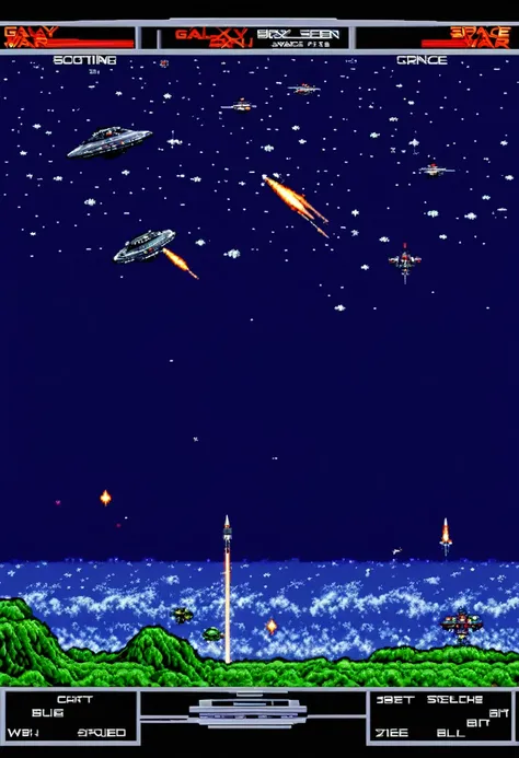 best quality, video game " galaxy " battle screen, space war, shooting, 8-bit image, low-bit, retro, powerful effects