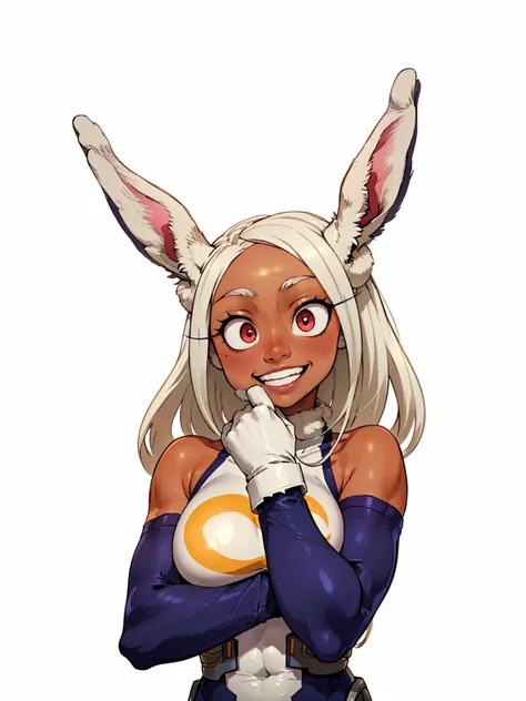 ((mirko, dark_skin, leotard, rabbit_girl, kneehighs, red_eyes, white background)), upper body, crazy big smile, same as original...