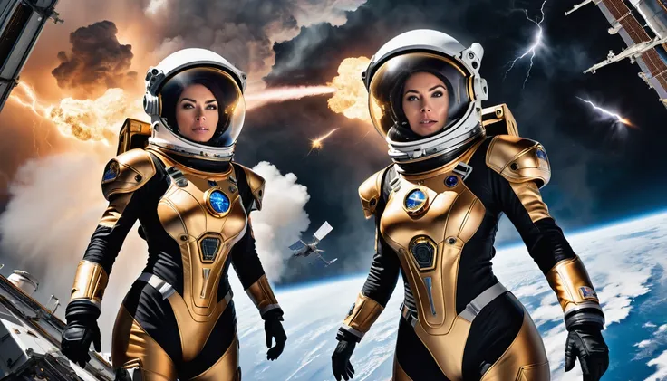 there are two female astronauts outside the international space station. the station is orbiting an alien planet. the astronaut'...