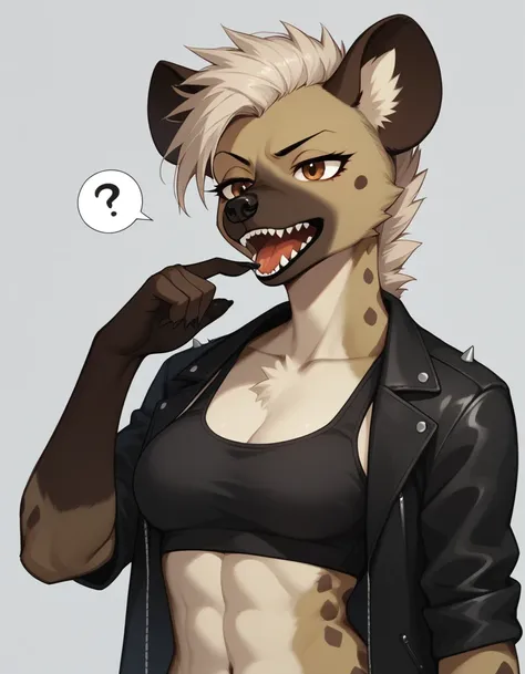 solo, score_9,score_8_up,score_7_up, kemono style, source_furry, trisha, a tall female spotted hyena, brown snout, black nose, b...