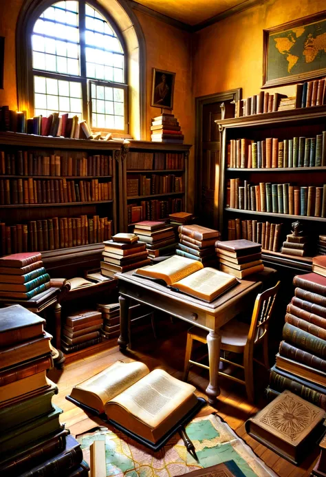 old room, full of books, stacks of books everywhere, old books, old volumes, manuscripts, pergaminhos, maps, window open, sombra...