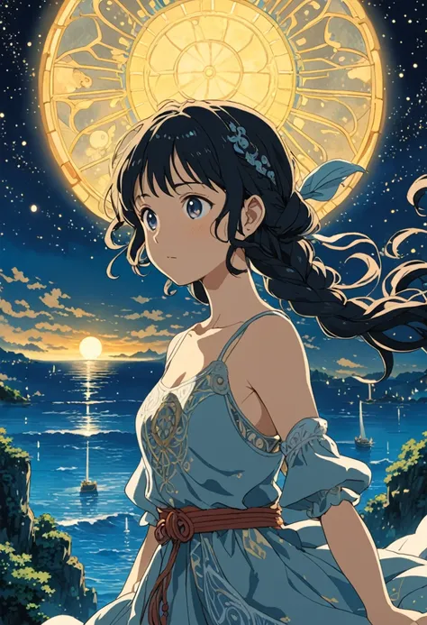 Studio Ghibli-style anime movies, Movie stills, Highest quality, masterpiece, Representative works, Official Art, Professional, Super intricate details, 8K, Sea of night,A girl&#39;s back is looking at the night sky,Visible in the distance