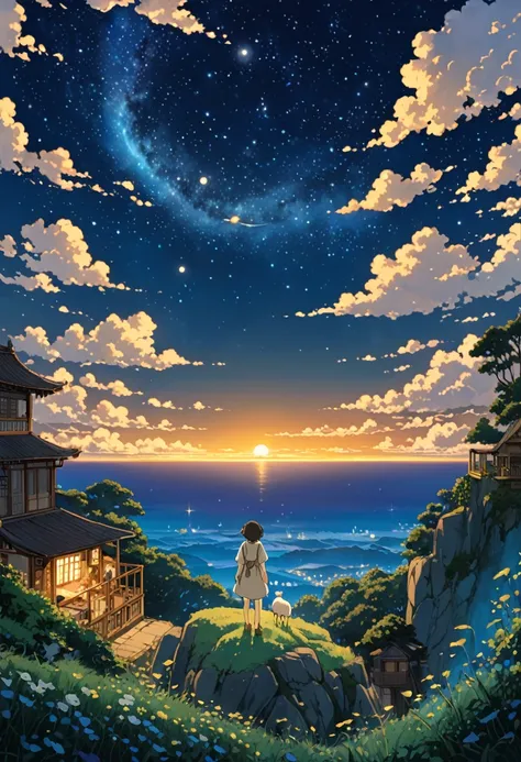 Studio Ghibli-style anime movies, Movie stills, Highest quality, masterpiece, Representative works, Official Art, Professional, Super intricate details, 8K, Sea of night,A sheep looking at the night sky,Visible in the distance