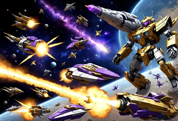 (A group of space warships themed around gold and religious motifs and angels) is in a shooting space battle with a force of cold robotic foes (violet and chrome color scheme, big cannons, humanoids giant robots) Deep space battle, lots of stars, small fig...