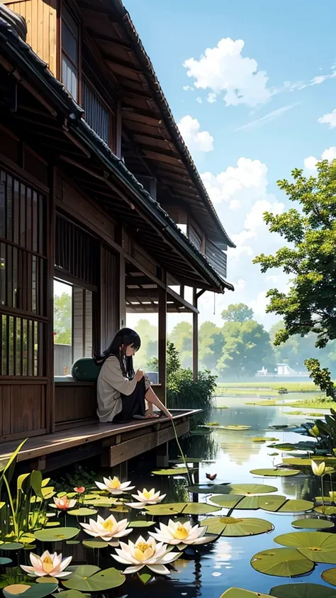 In the near distance is a lotus pond and in the far distance a child is sitting on a small boat