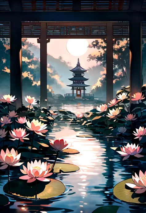 Many water lilies floating in the pond，There is a hazy mist on the water，There is a pagoda beside the pond.，Peaceful evening atmosphere