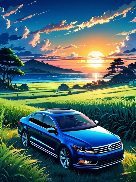 anime landscape of a pearl super dark sea blue classic volkswagen passat cc sport sits in a field of tall grass with a sunset in...