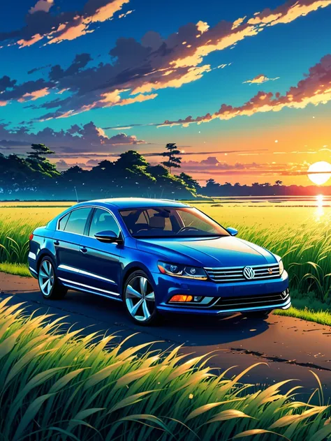 anime landscape of a pearl super dark sea blue classic volkswagen passat cc sport sits in a field of tall grass with a sunset in...