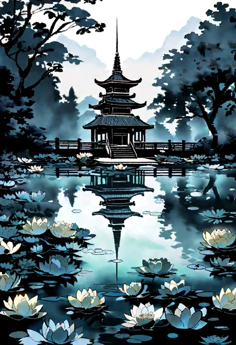 Many water lilies floating in the pond，There is a hazy mist on the water，There is a pagoda beside the pond.，Peaceful evening atmosphere，Ink Style