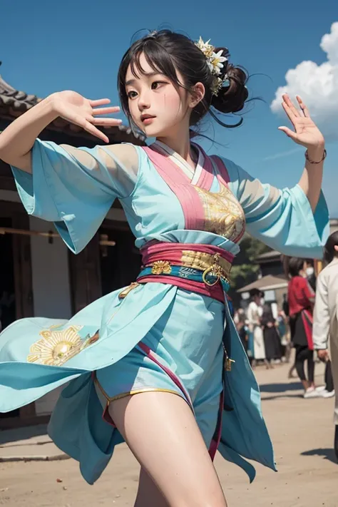 A girl in traditional ware showing dance move in outer sky