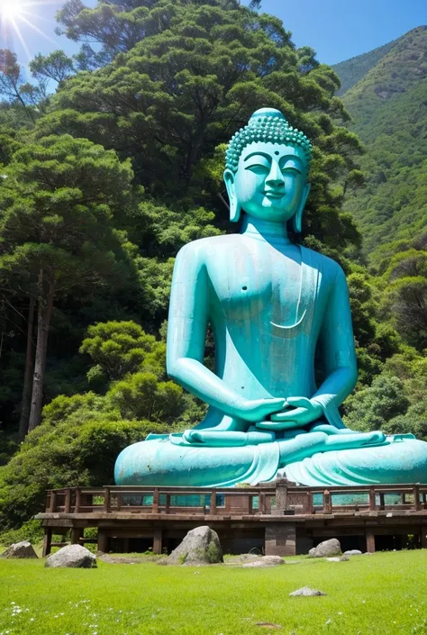 A huge Buddha statue in the mountains，become one with nature，Moss，Blue crystal clear water, rich vegetation，Light of the sun、Blue sky