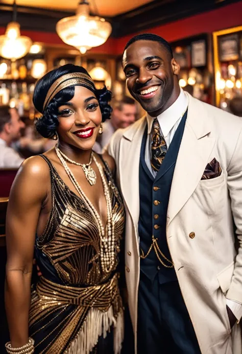 Black man dressed in a 1920s style African attire and white woman dressed in 1920s style European attire, both smiling at the viewer. In a bar full of joyous people. 1920s style of art.