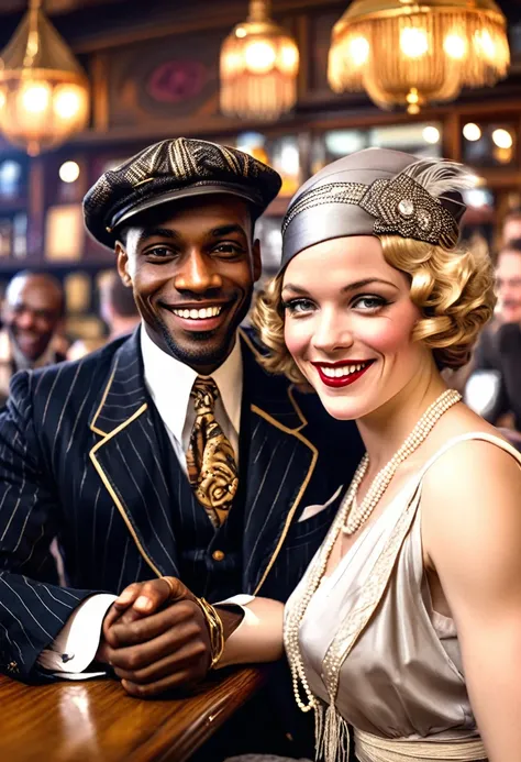 Black man dressed in a 1920s style African attire and white woman dressed in 1920s style European attire, both smiling at the viewer. In a bar full of joyous people. 1920s style of art.