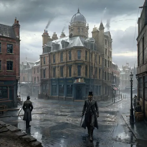 Game characters the order 1886, gloomy style, paisagem sombria,It rains heavily,Sir Galahad in overcoat 