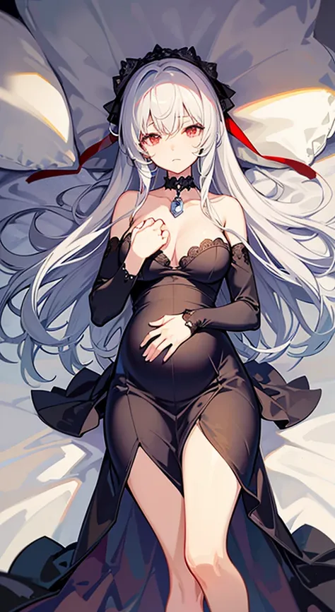 one pregnant anime girl with white hair and red eyes, chained and laying on a bed. Sad. breast feeding