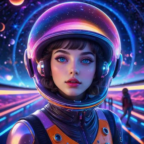 A girl roller skating on Saturn, extremely detailed girl, beautiful detailed eyes, beautiful detailed lips, extremely detailed face, long eyelashes, girl in a futuristic space scene, Saturn in the background, stars and constellations in the sky, neon light...