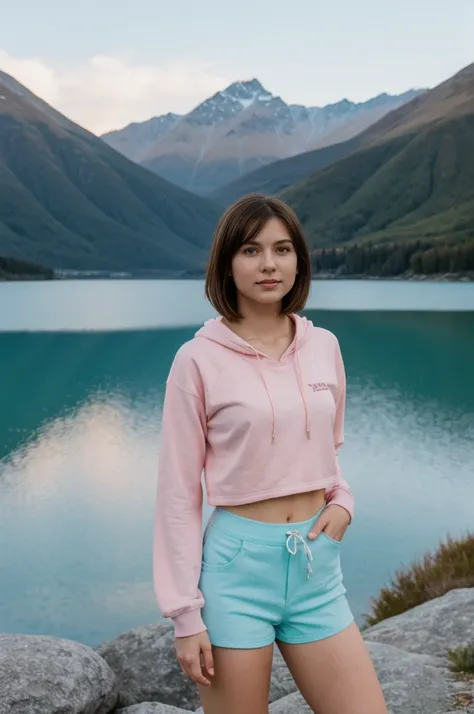 her name is Elektra, high quality, 1girl, ((20-year-old fit Caucasian woman)), ((20 years old)), ((fit)), short bob brunette hair, pose: standing, wearing pastel colored Sherbet Tie-Dye Hoodie Crop Top with Metallic Bike Shorts, BACKGROUND: From the advent...