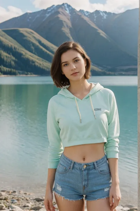 her name is Elektra, high quality, 1girl, ((20-year-old fit Caucasian woman)), ((20 years old)), ((fit)), short bob brunette hair, pose: standing, wearing pastel colored Sherbet Tie-Dye Hoodie Crop Top with Metallic Bike Shorts, BACKGROUND: From the advent...