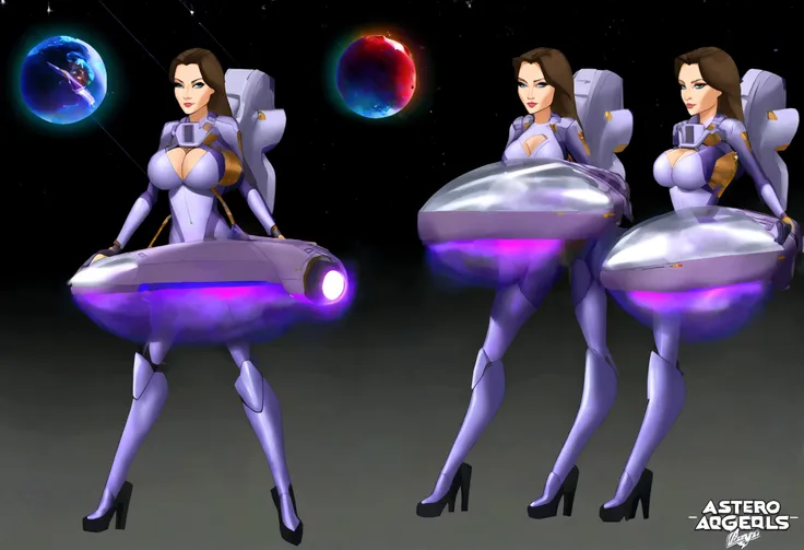 Angelina Jolie (age 25, giga busty, huge breasts, sexy violet clear plastic space suit, thruster pack, bubble dome, big laser rifle) is a scout in an asteroid field, attacked by fembots of the opposing faction (silver and red color scheme)
