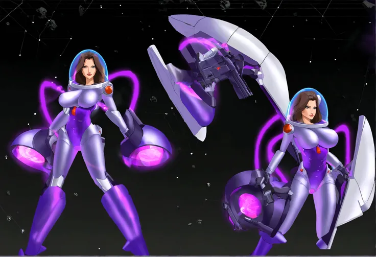 Angelina Jolie (age 25, giga busty, huge breasts, sexy violet clear plastic space suit, thruster pack, bubble dome, big laser rifle) is a scout in an asteroid field, attacked by fembots of the opposing faction (silver and red color scheme)
