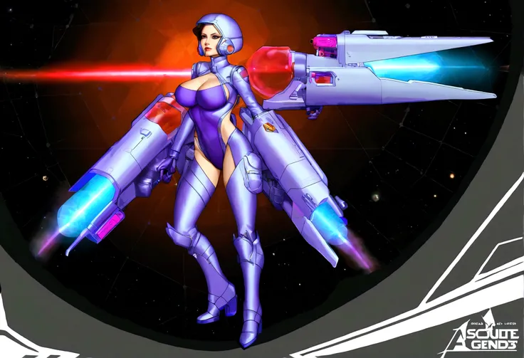 Angelina Jolie (age 25, giga busty, huge breasts, sexy violet clear plastic space suit, thruster pack, bubble dome, big laser rifle) is a scout in an asteroid field, attacked by fembots of the opposing faction (silver and red color scheme)
