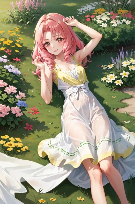 masterpiece, best quality, absurdres, perfect antomy, 1girl, solo, Akagi Towa, long hair, pink hair, parted bangs, lying, on back, outdoors, garden, flowers, sundress, yellow dress, smile