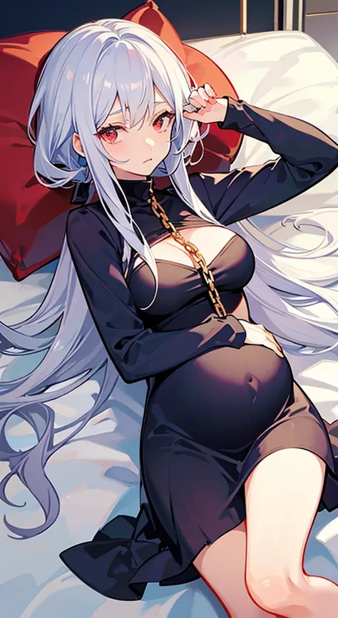 one pregnant anime girl with white hair and red eyes, chained and laying on a bed. Sad. breast feeding