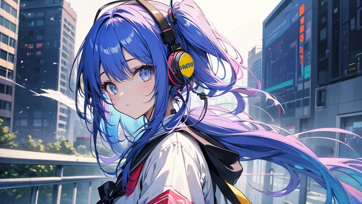 A girl wearing headphones at school。Colorful Hair。Twin tails。