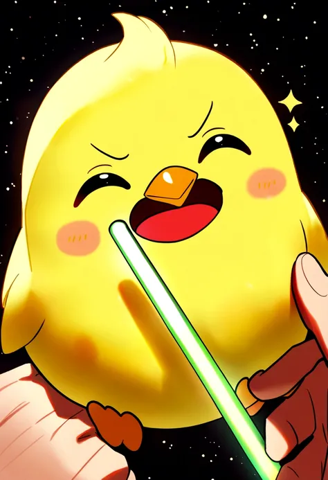 ((Cute little bird，Yellow body，Red Mouth，Chick))，Simple Background，Cute expression、Real、The green onions shine, space、Holding a leek lightsaber in his hand、