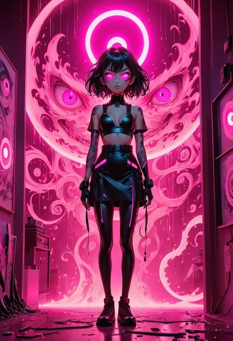 extra long shot, Epic ink bending shot, a crazy people, hollow eyes, an eye standing in bright pink light, fluorescent lighting, anime art, award winning work, 8k, ultra quailty, ultra details