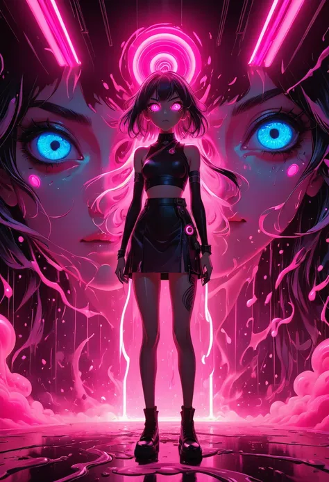 extra long shot, Epic ink bending shot, a crazy people, hollow eyes, an eye standing in bright pink light, fluorescent lighting, anime art, award winning work, 8k, ultra quailty, ultra details