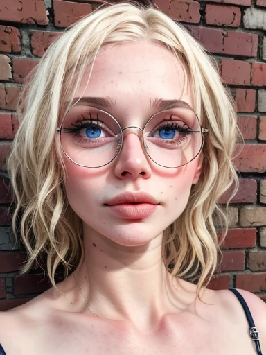 dynamic close-up of the upper part of 1 freckled Russian woman, legit albino, extremely slim and beautiful, perfect body, well-shaped face, skin with highly detailed depth, she is leaning against a brick wall, (long hair, wavy blonde hair and slightly mess...