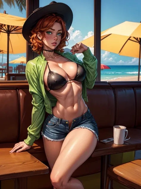 ((Masterpiece)), ((Best Quality)), Ultra High Resolution, HDR, absurderes, 8K, (1 girl), intricate details, ultra-detailed, dramatic lighting, blushing, shy face, green eyes, short ginger hair, wavy hair, (wearing a black bikini, jean shorts and a beach ha...